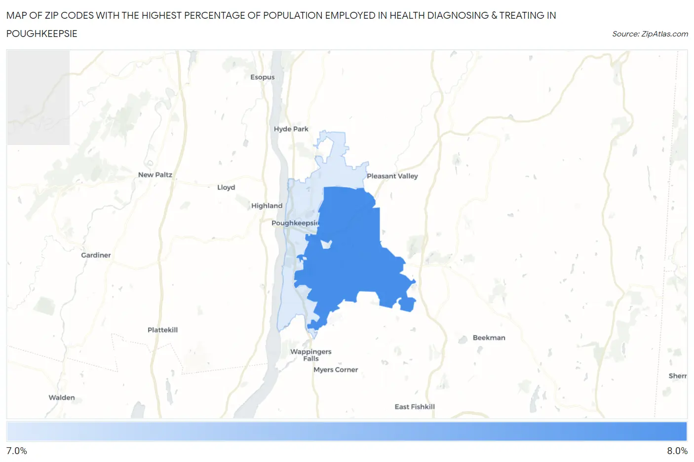Zip Codes with the Highest Percentage of Population Employed in Health Diagnosing & Treating in Poughkeepsie Map