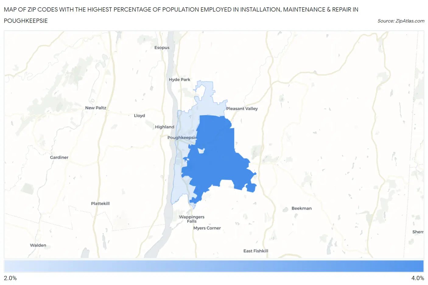 Zip Codes with the Highest Percentage of Population Employed in Installation, Maintenance & Repair in Poughkeepsie Map