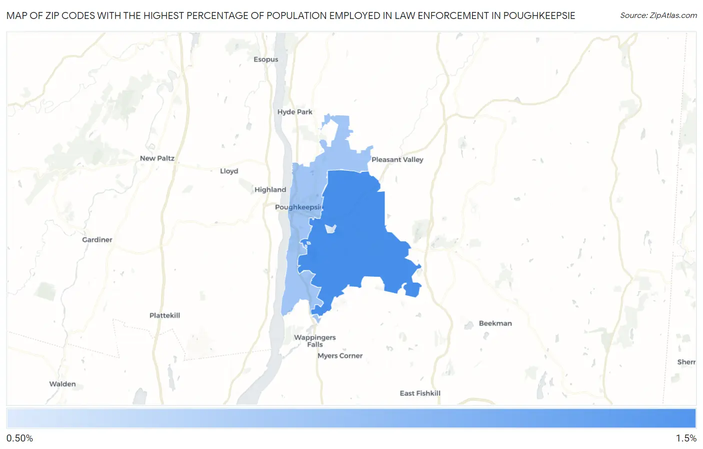 Zip Codes with the Highest Percentage of Population Employed in Law Enforcement in Poughkeepsie Map