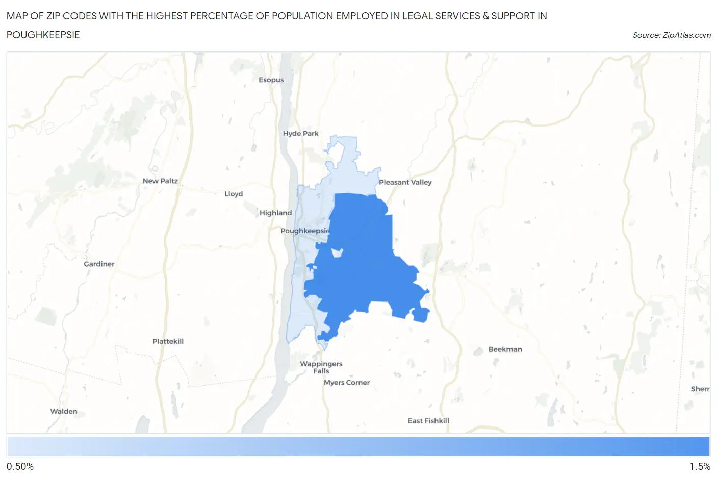 Zip Codes with the Highest Percentage of Population Employed in Legal Services & Support in Poughkeepsie Map