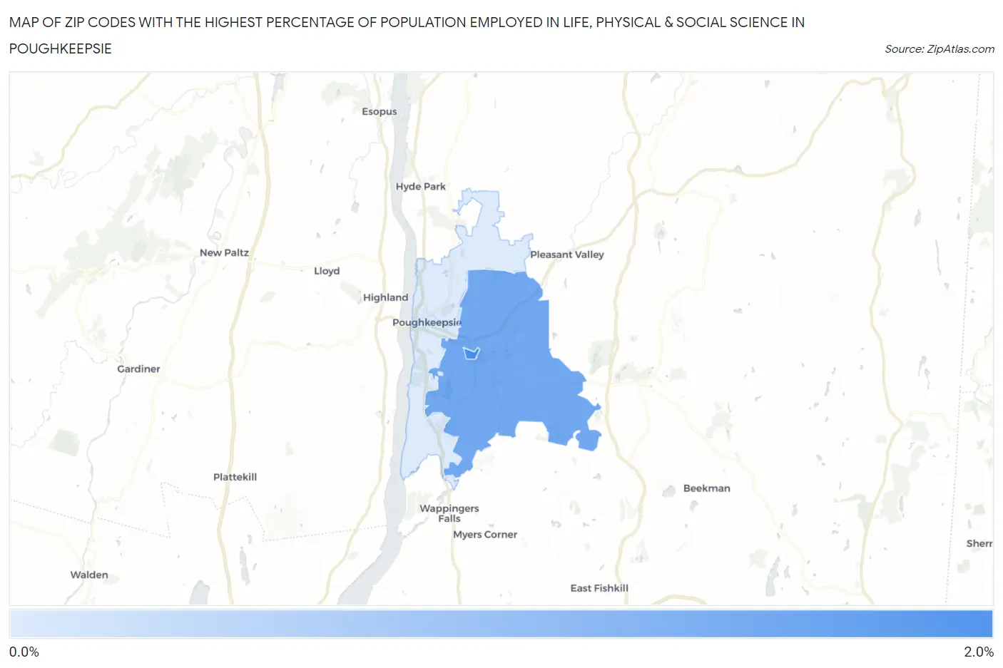 Zip Codes with the Highest Percentage of Population Employed in Life, Physical & Social Science in Poughkeepsie Map