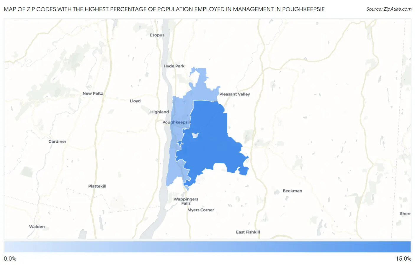 Zip Codes with the Highest Percentage of Population Employed in Management in Poughkeepsie Map