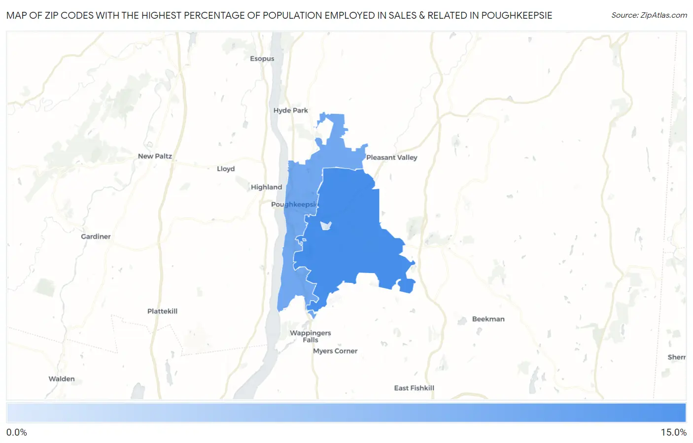 Zip Codes with the Highest Percentage of Population Employed in Sales & Related in Poughkeepsie Map