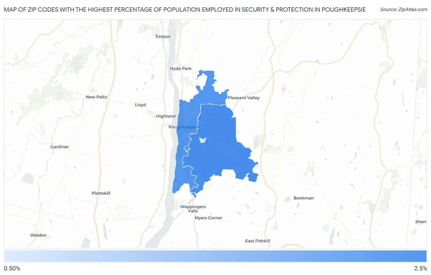 Zip Codes with the Highest Percentage of Population Employed in Security & Protection in Poughkeepsie Map