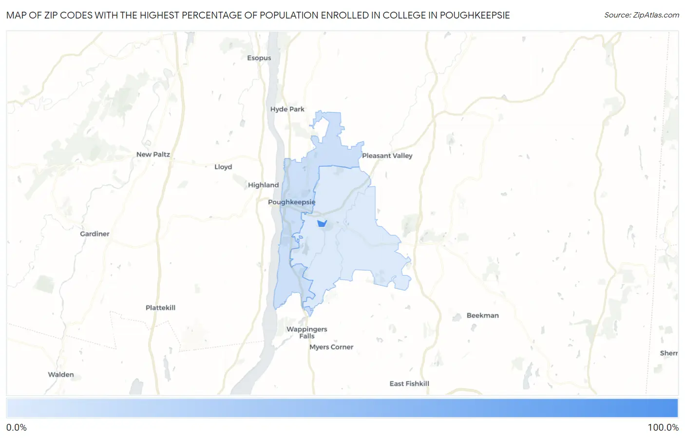 Zip Codes with the Highest Percentage of Population Enrolled in College in Poughkeepsie Map