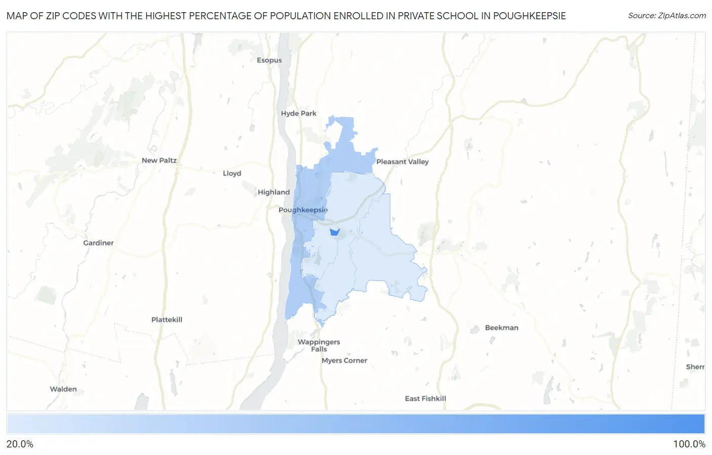 Zip Codes with the Highest Percentage of Population Enrolled in Private School in Poughkeepsie Map