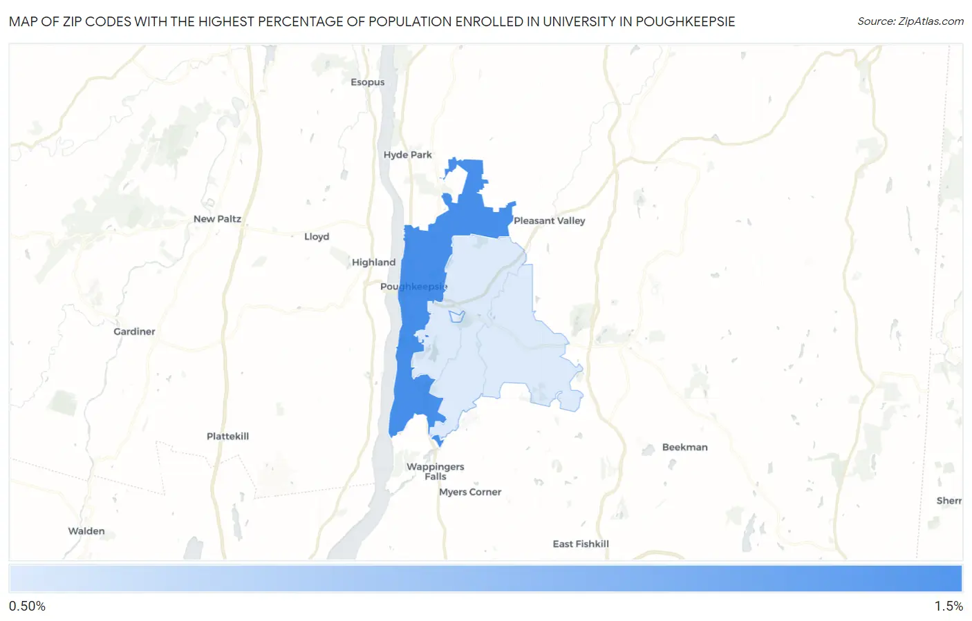 Zip Codes with the Highest Percentage of Population Enrolled in University in Poughkeepsie Map