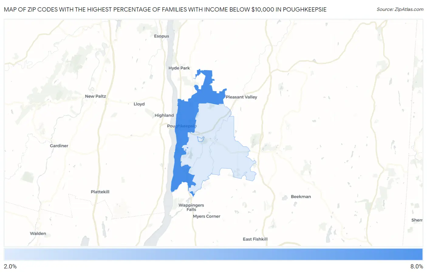 Zip Codes with the Highest Percentage of Families with Income Below $10,000 in Poughkeepsie Map