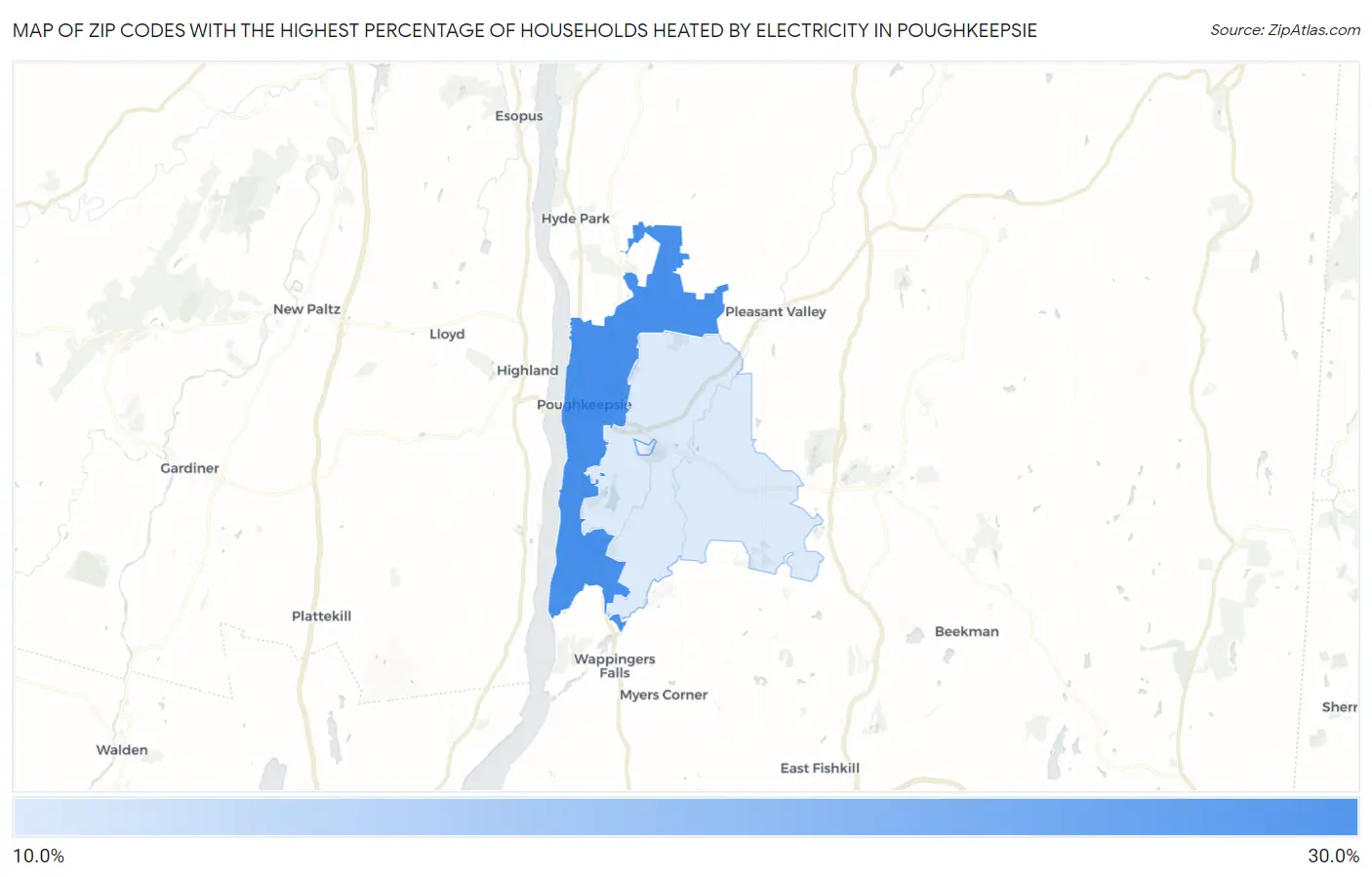 Zip Codes with the Highest Percentage of Households Heated by Electricity in Poughkeepsie Map