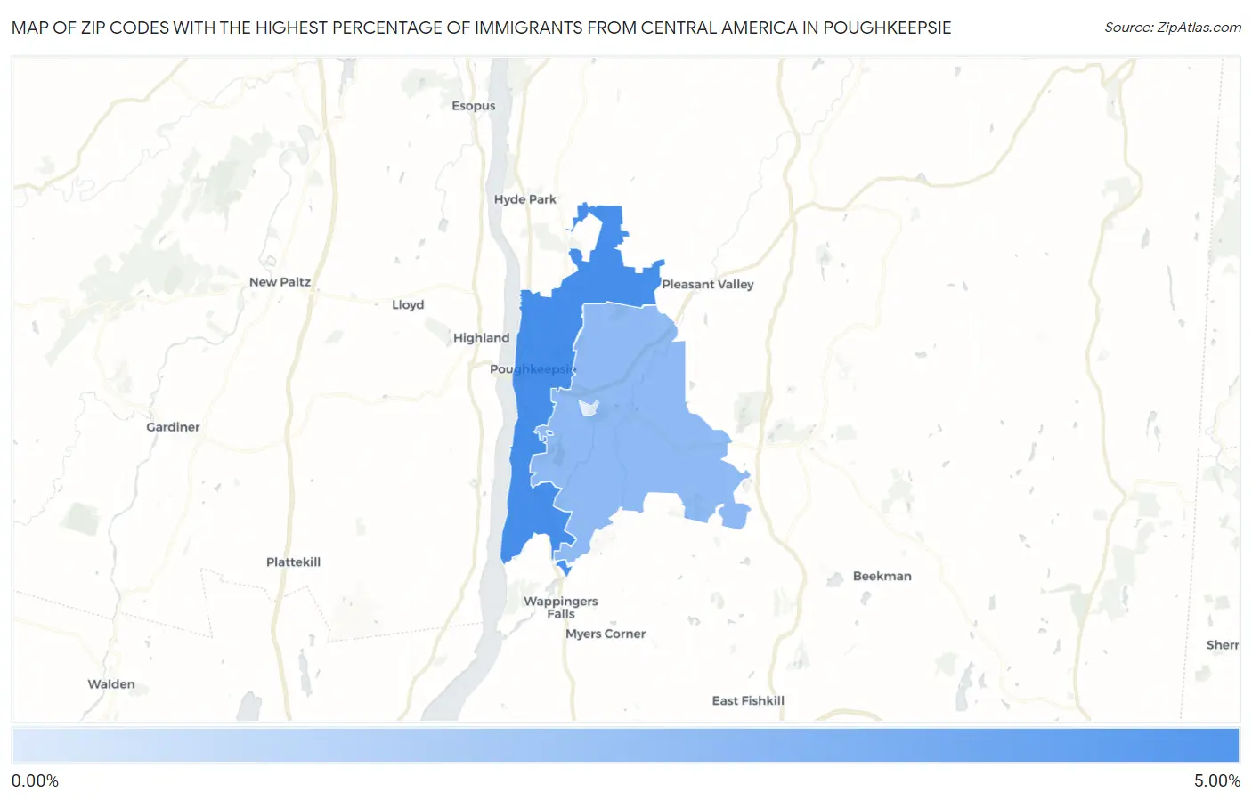 Zip Codes with the Highest Percentage of Immigrants from Central America in Poughkeepsie Map