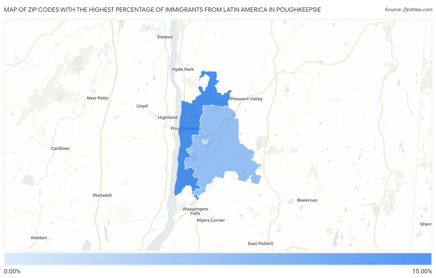 Zip Codes with the Highest Percentage of Immigrants from Latin America in Poughkeepsie Map