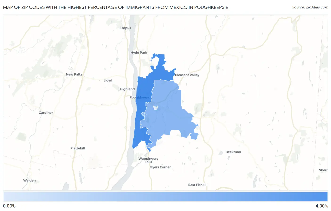 Zip Codes with the Highest Percentage of Immigrants from Mexico in Poughkeepsie Map