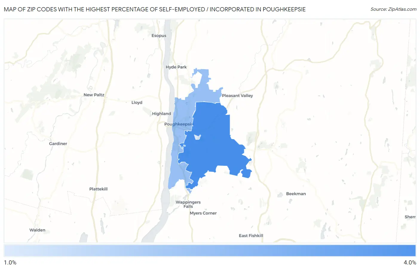 Zip Codes with the Highest Percentage of Self-Employed / Incorporated in Poughkeepsie Map