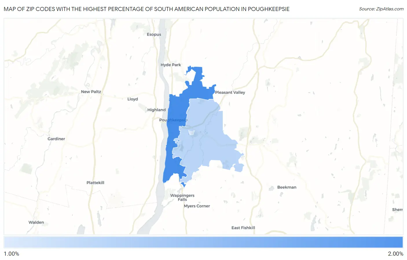 Zip Codes with the Highest Percentage of South American Population in Poughkeepsie Map