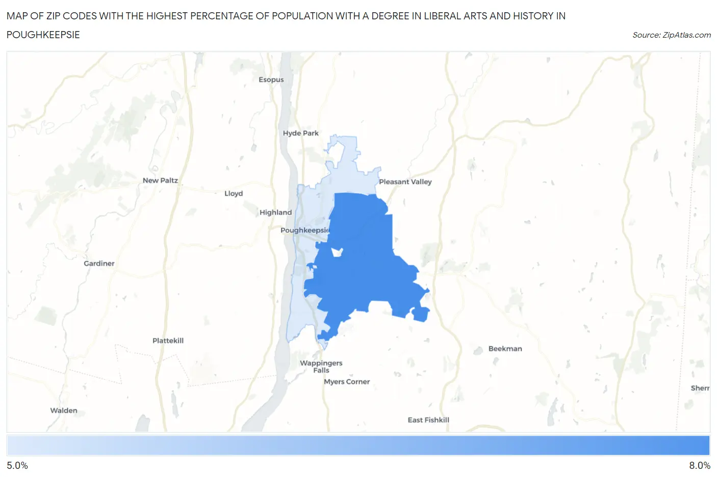 Zip Codes with the Highest Percentage of Population with a Degree in Liberal Arts and History in Poughkeepsie Map