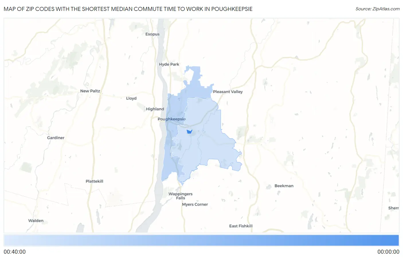 Zip Codes with the Shortest Median Commute Time to Work in Poughkeepsie Map