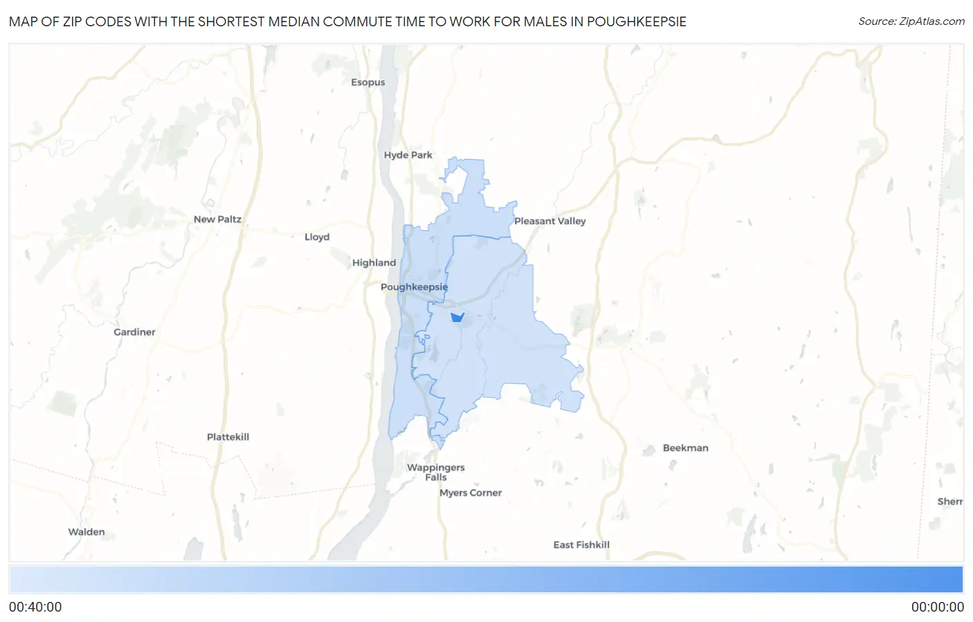 Zip Codes with the Shortest Median Commute Time to Work for Males in Poughkeepsie Map