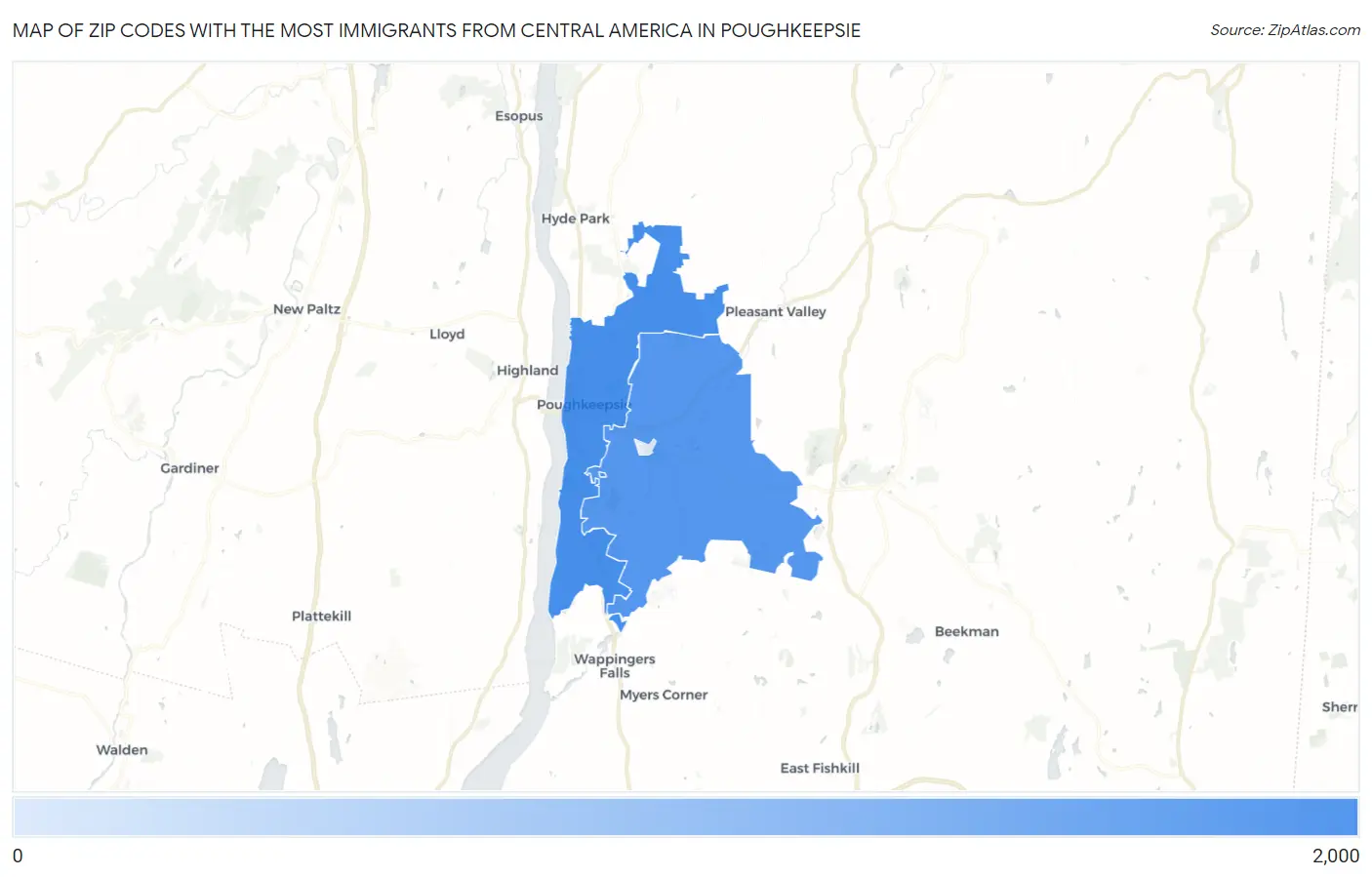 Zip Codes with the Most Immigrants from Central America in Poughkeepsie Map