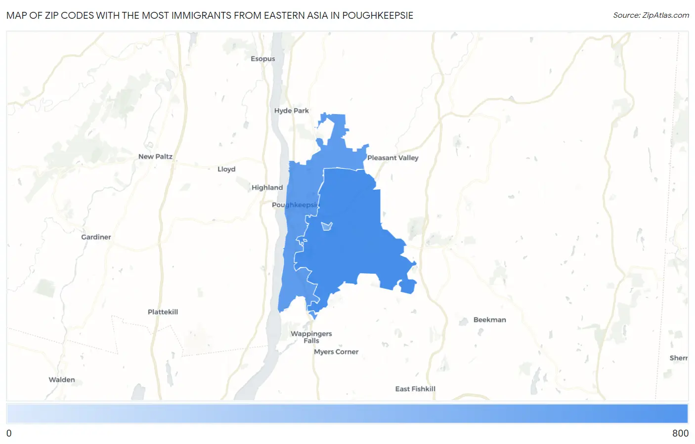 Zip Codes with the Most Immigrants from Eastern Asia in Poughkeepsie Map