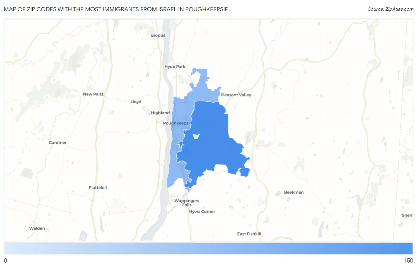 Zip Codes with the Most Immigrants from Israel in Poughkeepsie Map