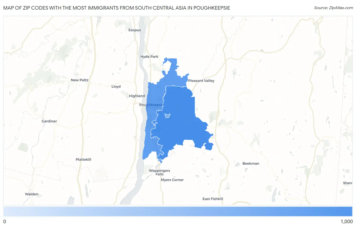 Zip Codes with the Most Immigrants from South Central Asia in Poughkeepsie Map