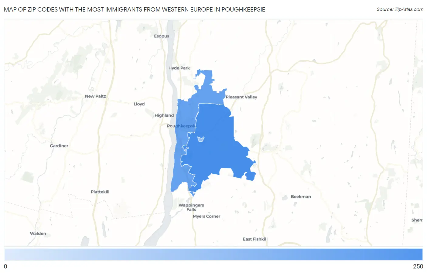 Zip Codes with the Most Immigrants from Western Europe in Poughkeepsie Map