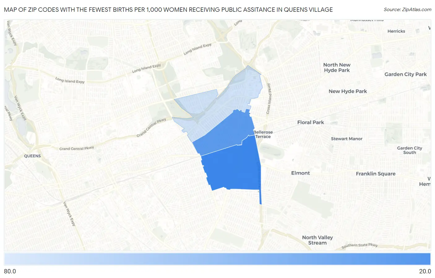Zip Codes with the Fewest Births per 1,000 Women Receiving Public Assitance in Queens Village Map