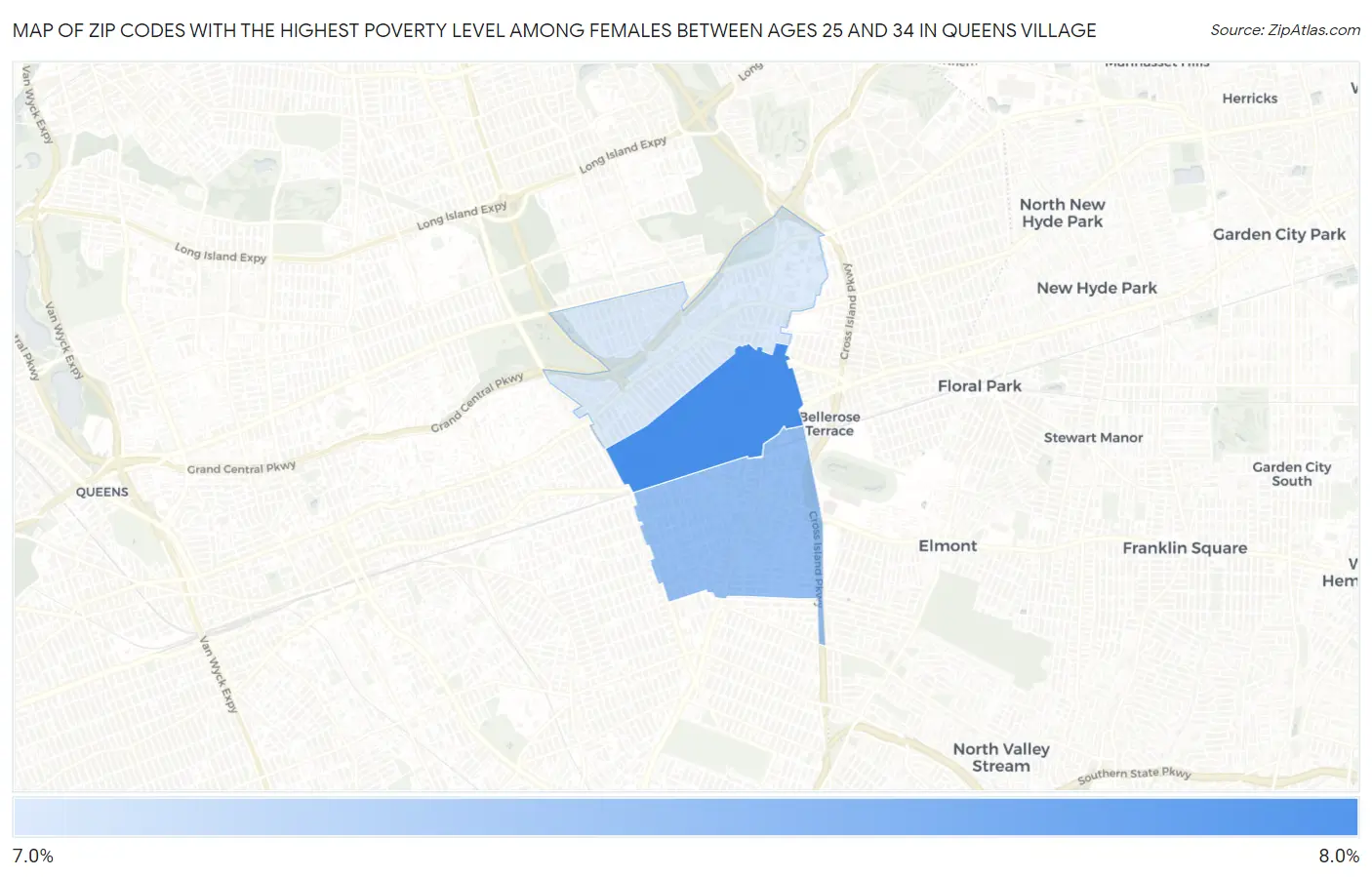 Zip Codes with the Highest Poverty Level Among Females Between Ages 25 and 34 in Queens Village Map