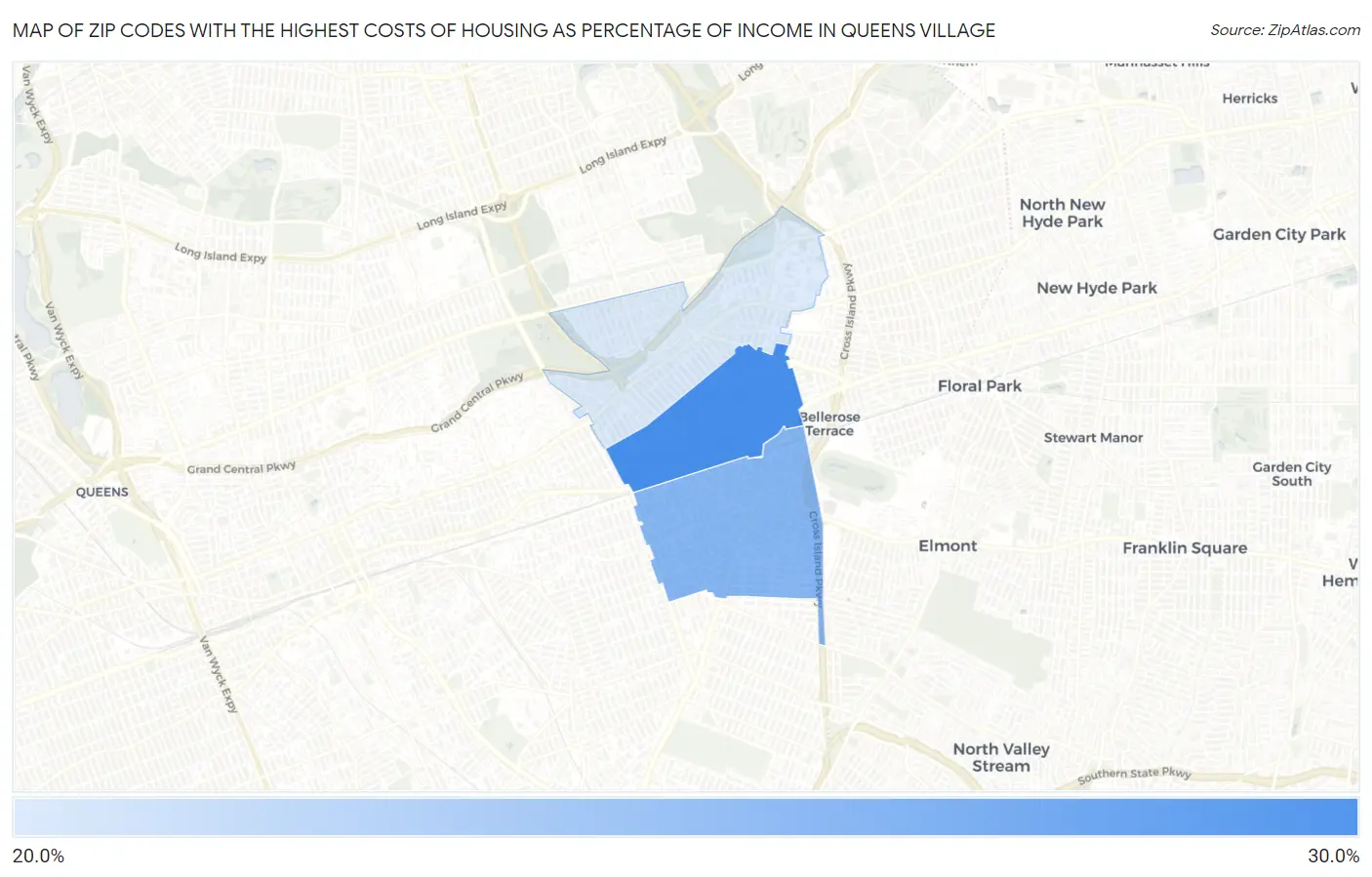 Zip Codes with the Highest Costs of Housing as Percentage of Income in Queens Village Map