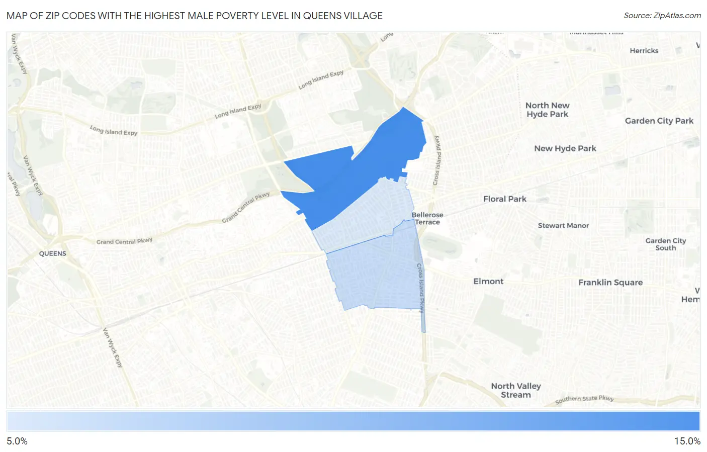 Zip Codes with the Highest Male Poverty Level in Queens Village Map
