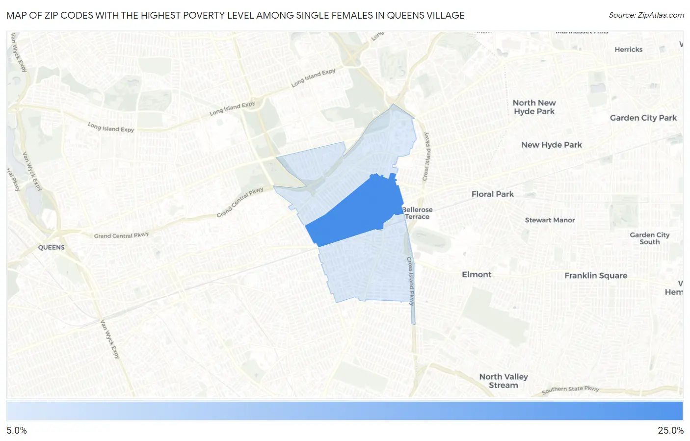 Zip Codes with the Highest Poverty Level Among Single Females in Queens Village Map