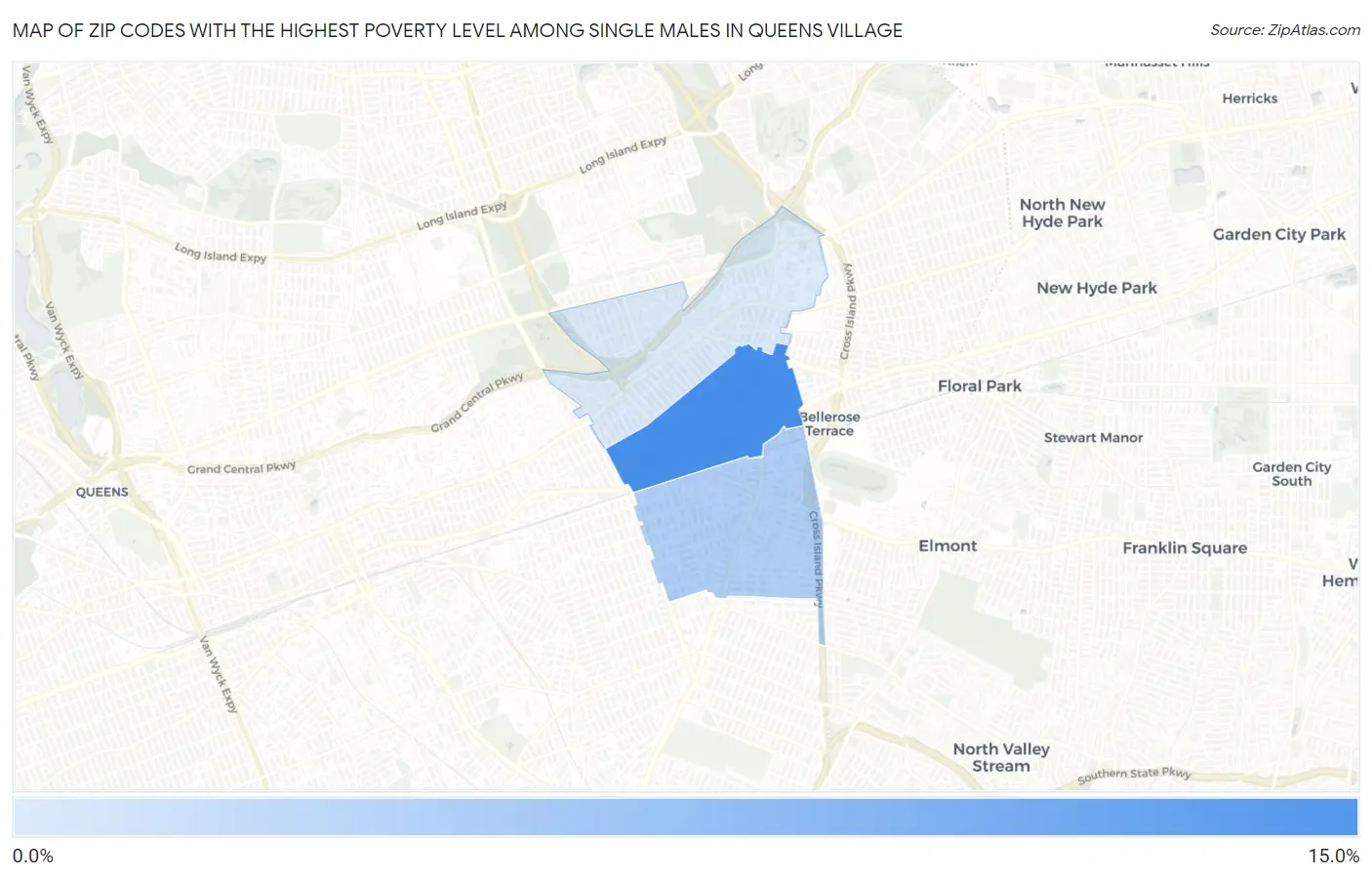 Zip Codes with the Highest Poverty Level Among Single Males in Queens Village Map