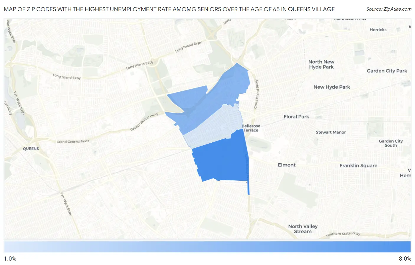 Zip Codes with the Highest Unemployment Rate Amomg Seniors Over the Age of 65 in Queens Village Map