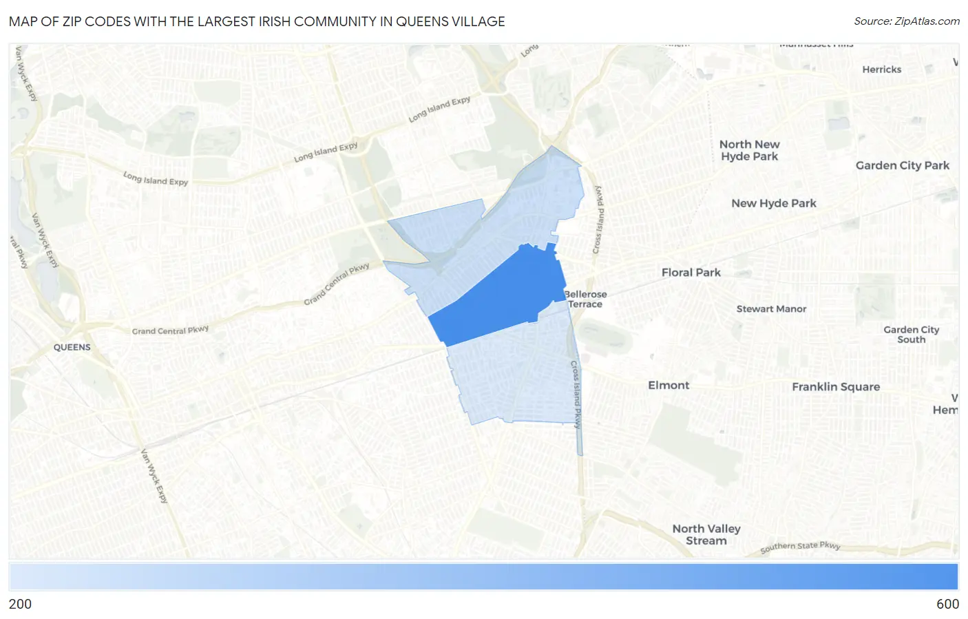 Zip Codes with the Largest Irish Community in Queens Village Map