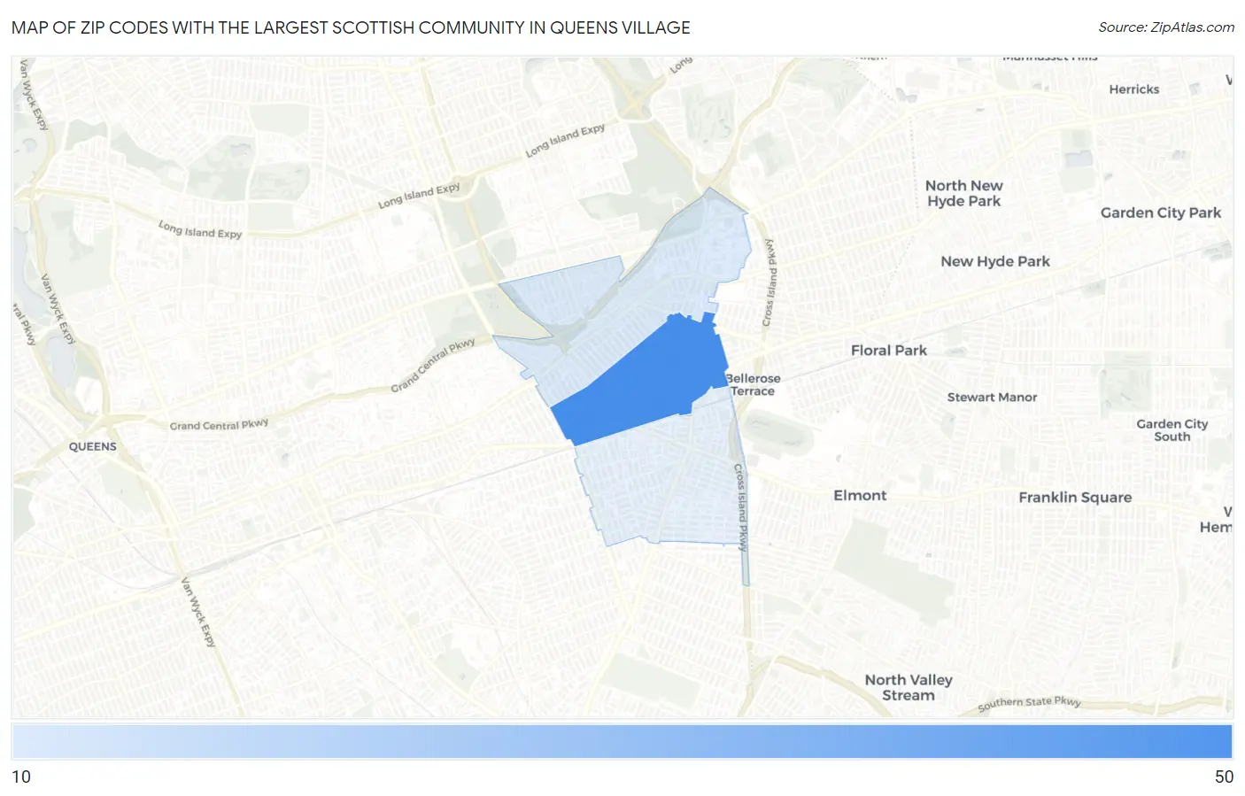 Zip Codes with the Largest Scottish Community in Queens Village Map