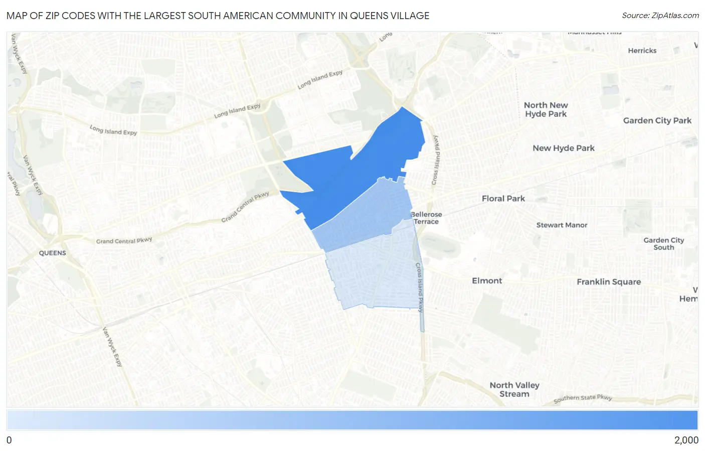 Zip Codes with the Largest South American Community in Queens Village Map