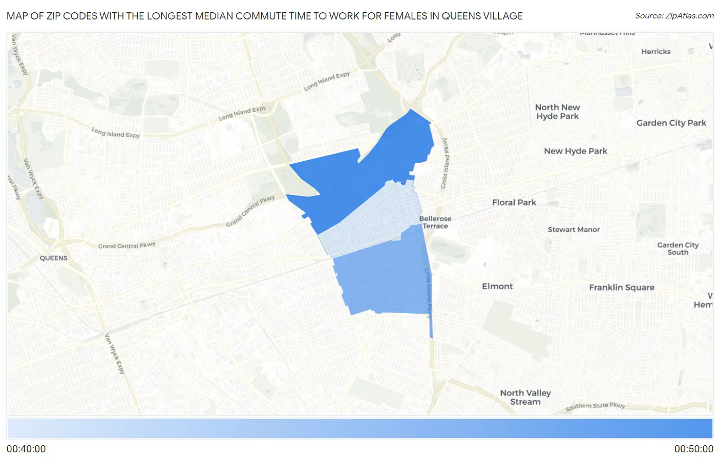 Zip Codes with the Longest Median Commute Time to Work for Females in Queens Village Map