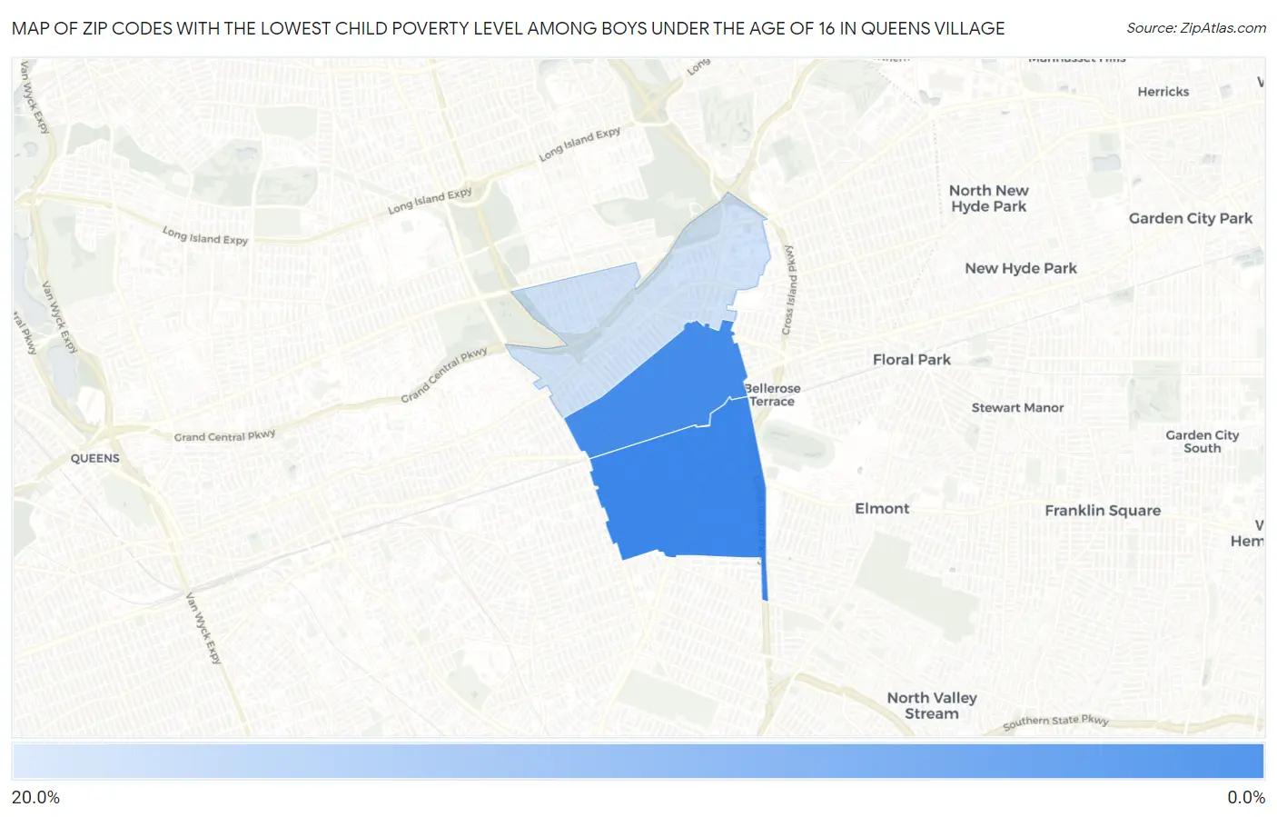 Zip Codes with the Lowest Child Poverty Level Among Boys Under the Age of 16 in Queens Village Map