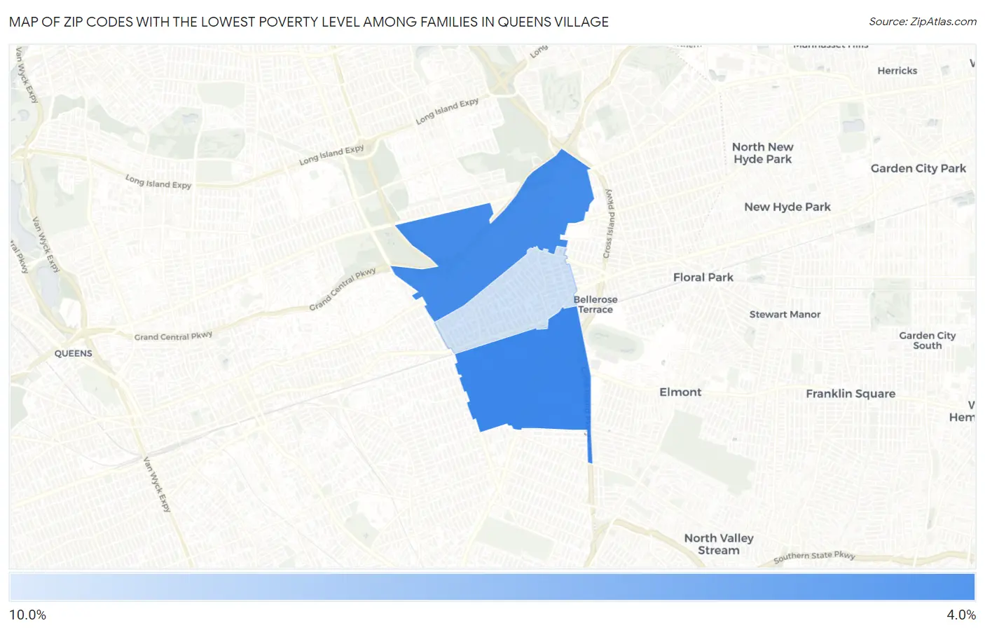 Zip Codes with the Lowest Poverty Level Among Families in Queens Village Map