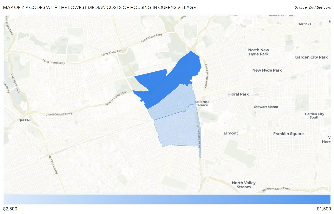 Zip Codes with the Lowest Median Costs of Housing in Queens Village Map