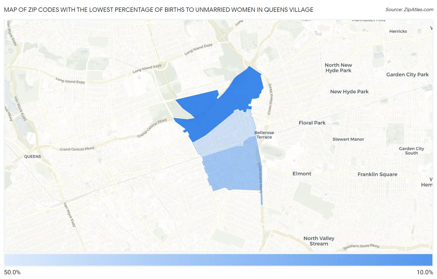 Zip Codes with the Lowest Percentage of Births to Unmarried Women in Queens Village Map