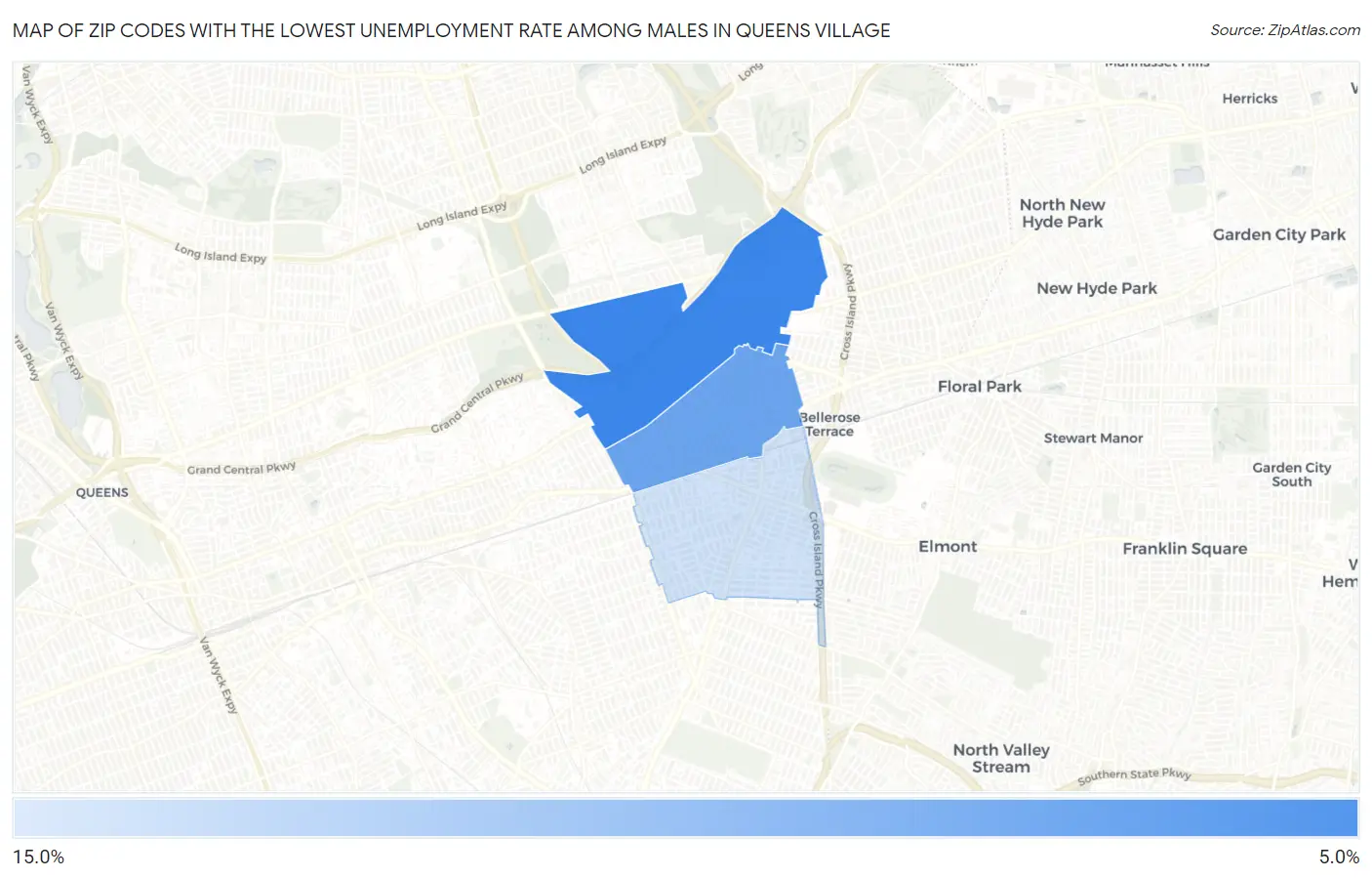 Zip Codes with the Lowest Unemployment Rate Among Males in Queens Village Map