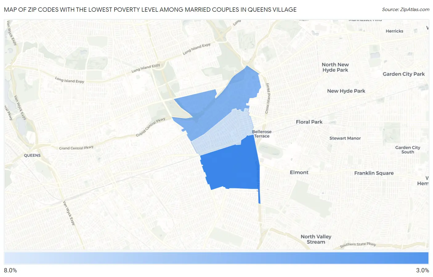 Zip Codes with the Lowest Poverty Level Among Married Couples in Queens Village Map
