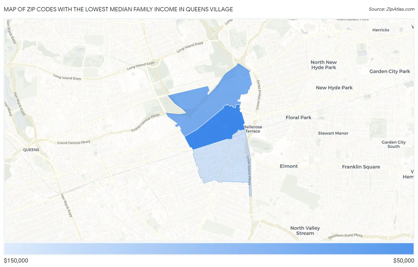 Zip Codes with the Lowest Median Family Income in Queens Village Map
