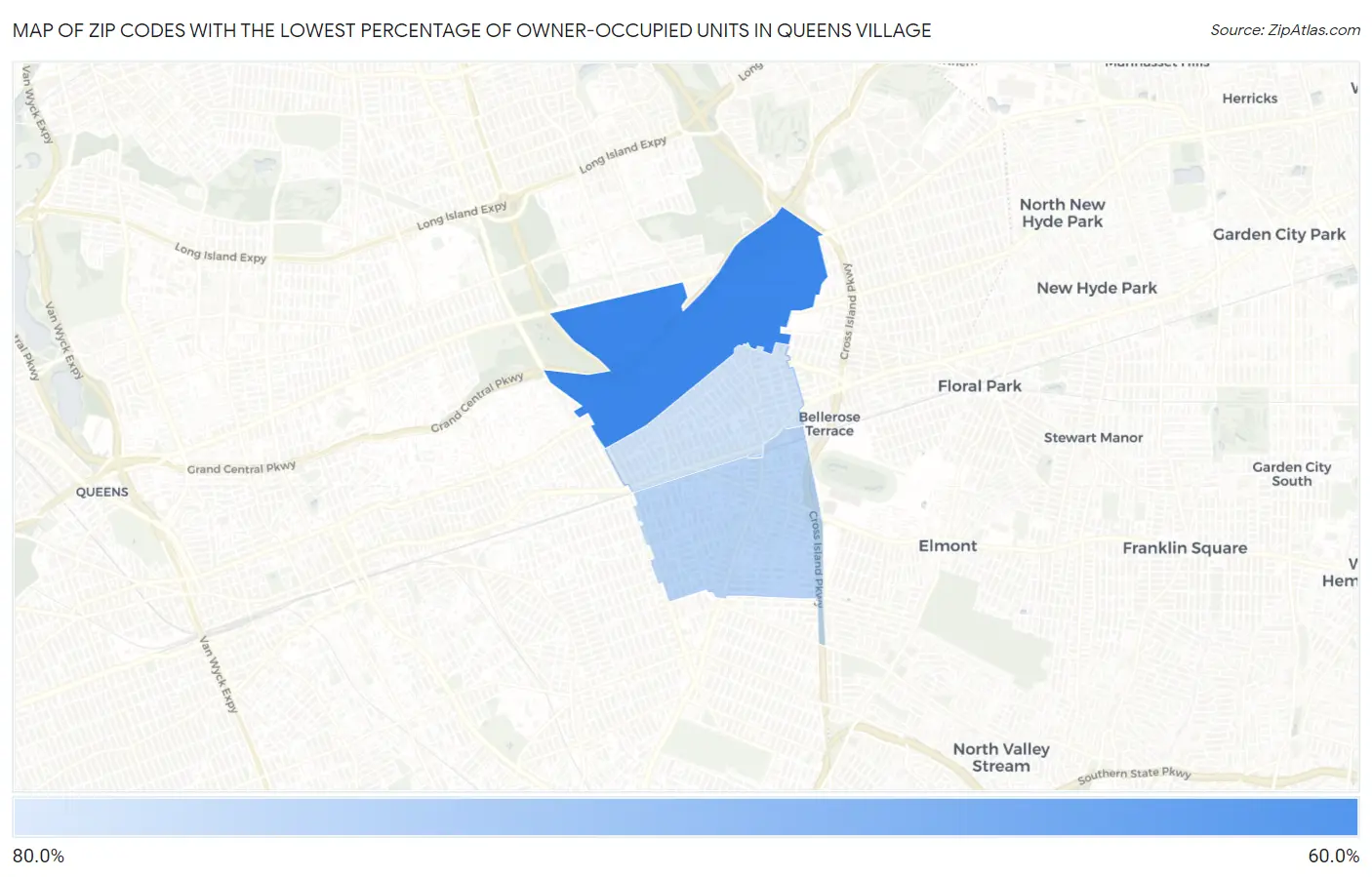 Zip Codes with the Lowest Percentage of Owner-Occupied Units in Queens Village Map