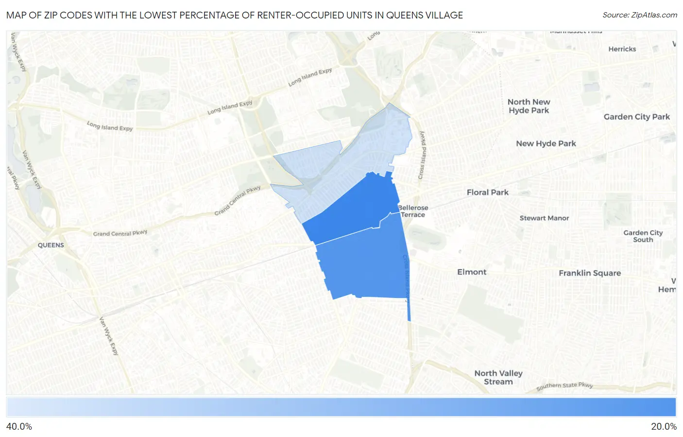 Zip Codes with the Lowest Percentage of Renter-Occupied Units in Queens Village Map