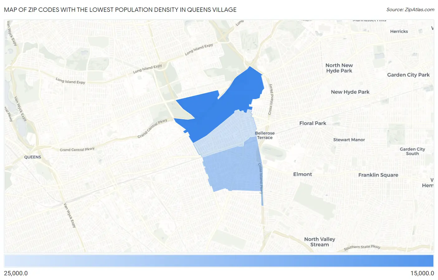 Zip Codes with the Lowest Population Density in Queens Village Map