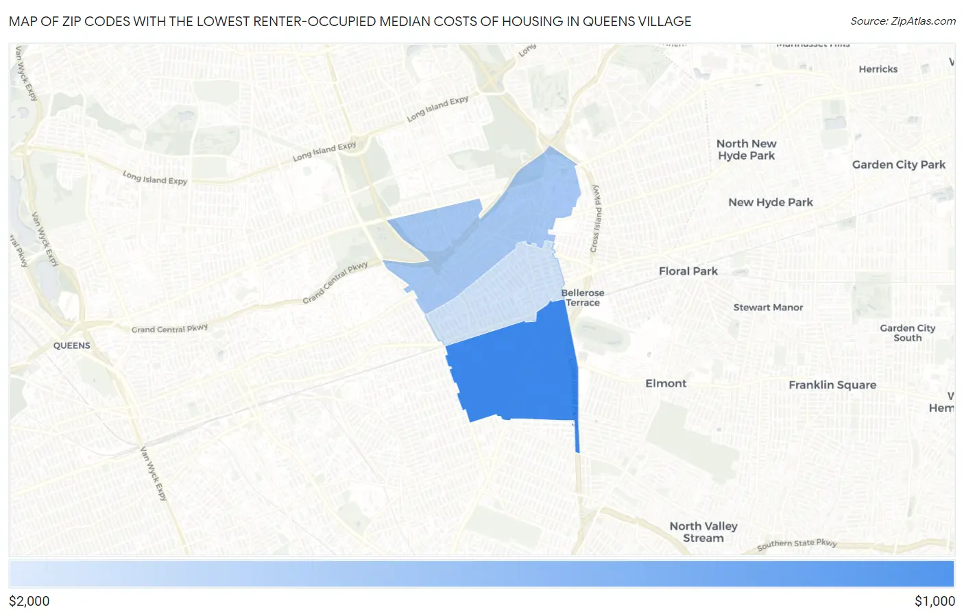 Zip Codes with the Lowest Renter-Occupied Median Costs of Housing in Queens Village Map