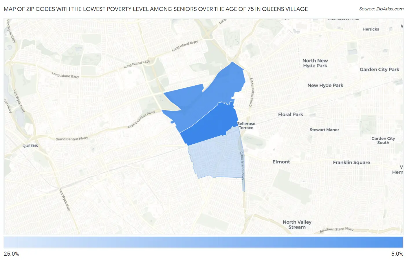 Zip Codes with the Lowest Poverty Level Among Seniors Over the Age of 75 in Queens Village Map
