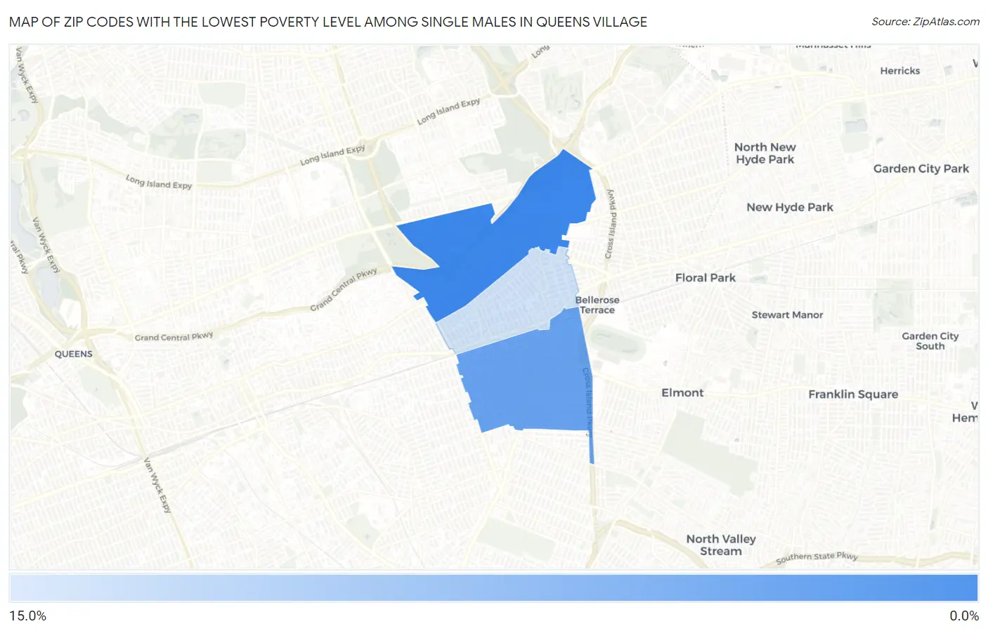 Zip Codes with the Lowest Poverty Level Among Single Males in Queens Village Map